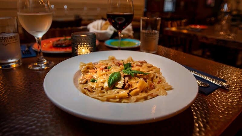 Farfalle pasta topped with wild mushrooms and a sherry wine cream sauce