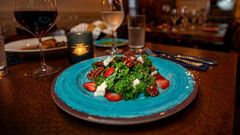 Harvest salad with strawberries, goat cheese and toasted pecans